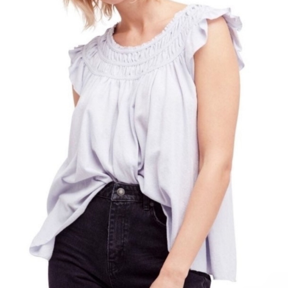 Free People We The Free Coconut Gathered Top Size XS Light Blue Boho Ruffle